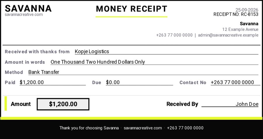 Money receipt showing a $1,200 bank transfer payment