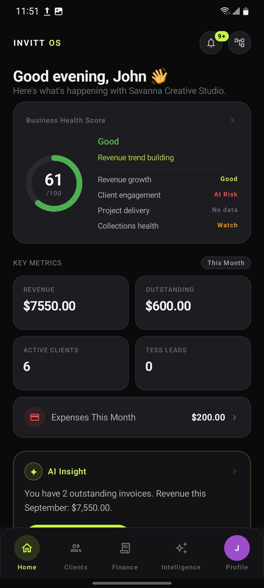 Invitt OS home screen with business health score and key metrics