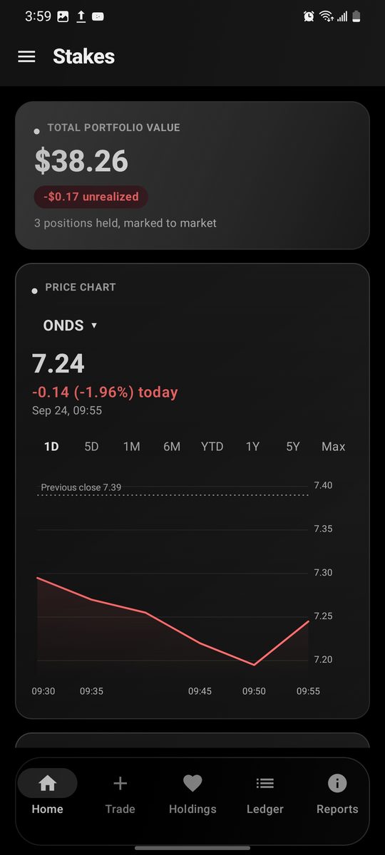 Stakes home screen in dark mode with portfolio value and price chart