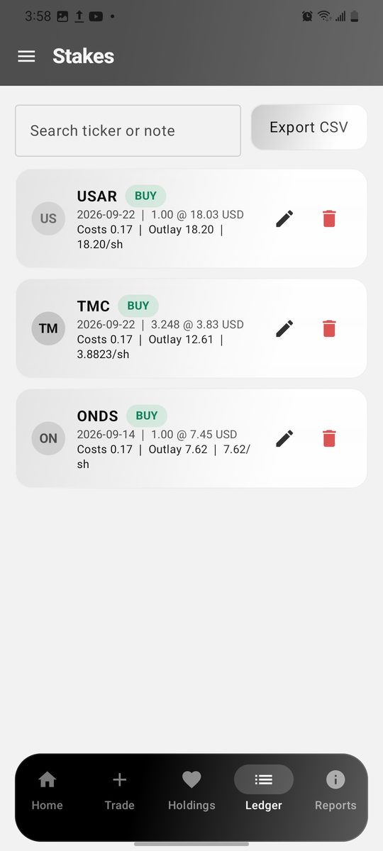 Stakes ledger listing recorded buys with costs and outlay, plus CSV export