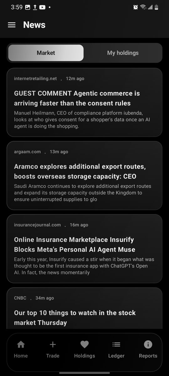 Stakes market news feed in dark mode
