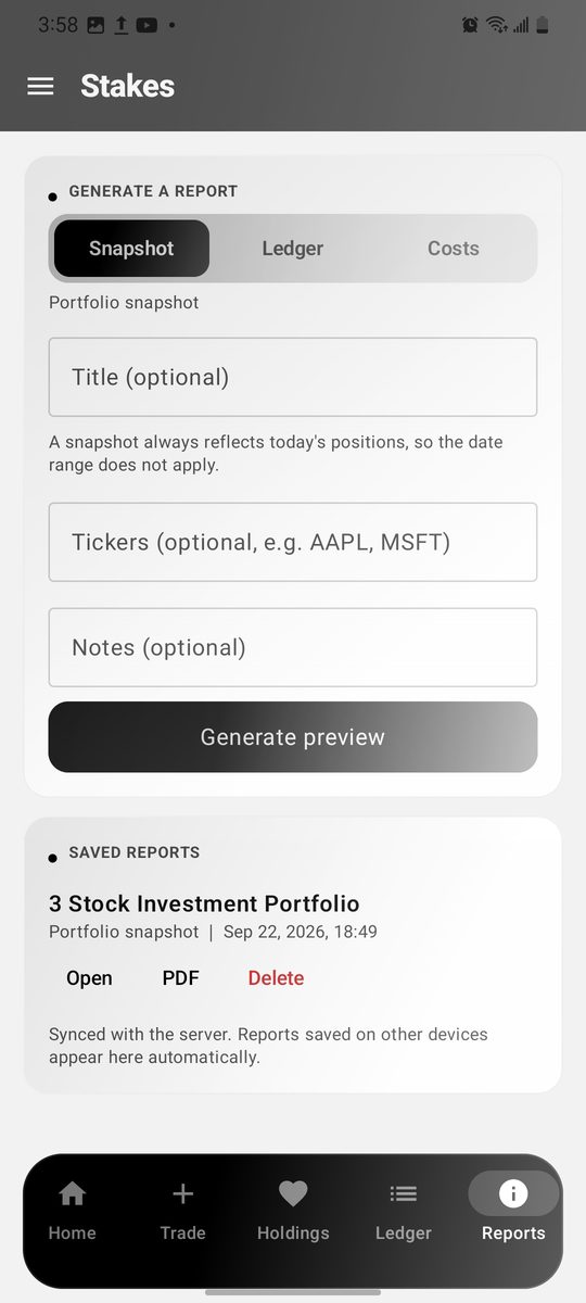 Stakes reports screen for generating portfolio snapshots and saved reports