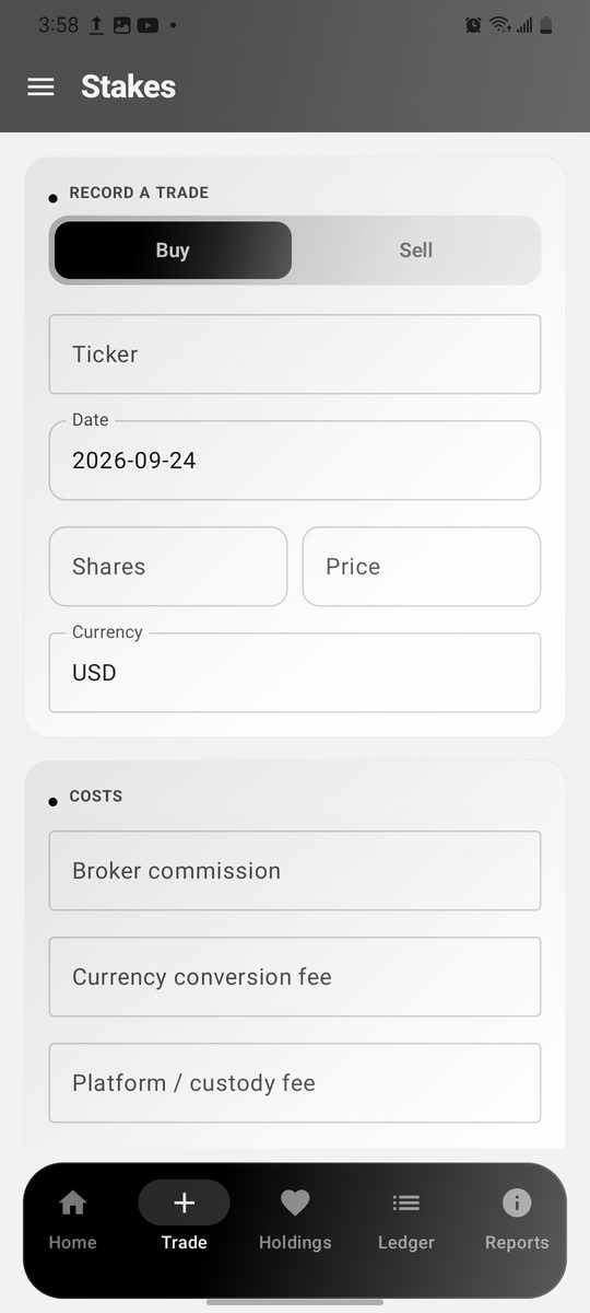 Stakes trade form with commission, currency conversion and platform fee fields