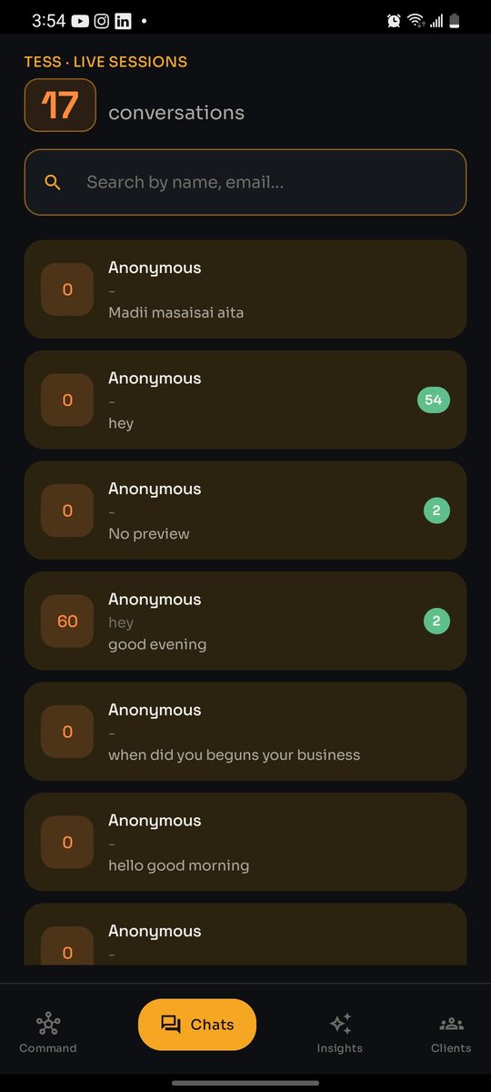 TessAdmin live sessions list with searchable conversations