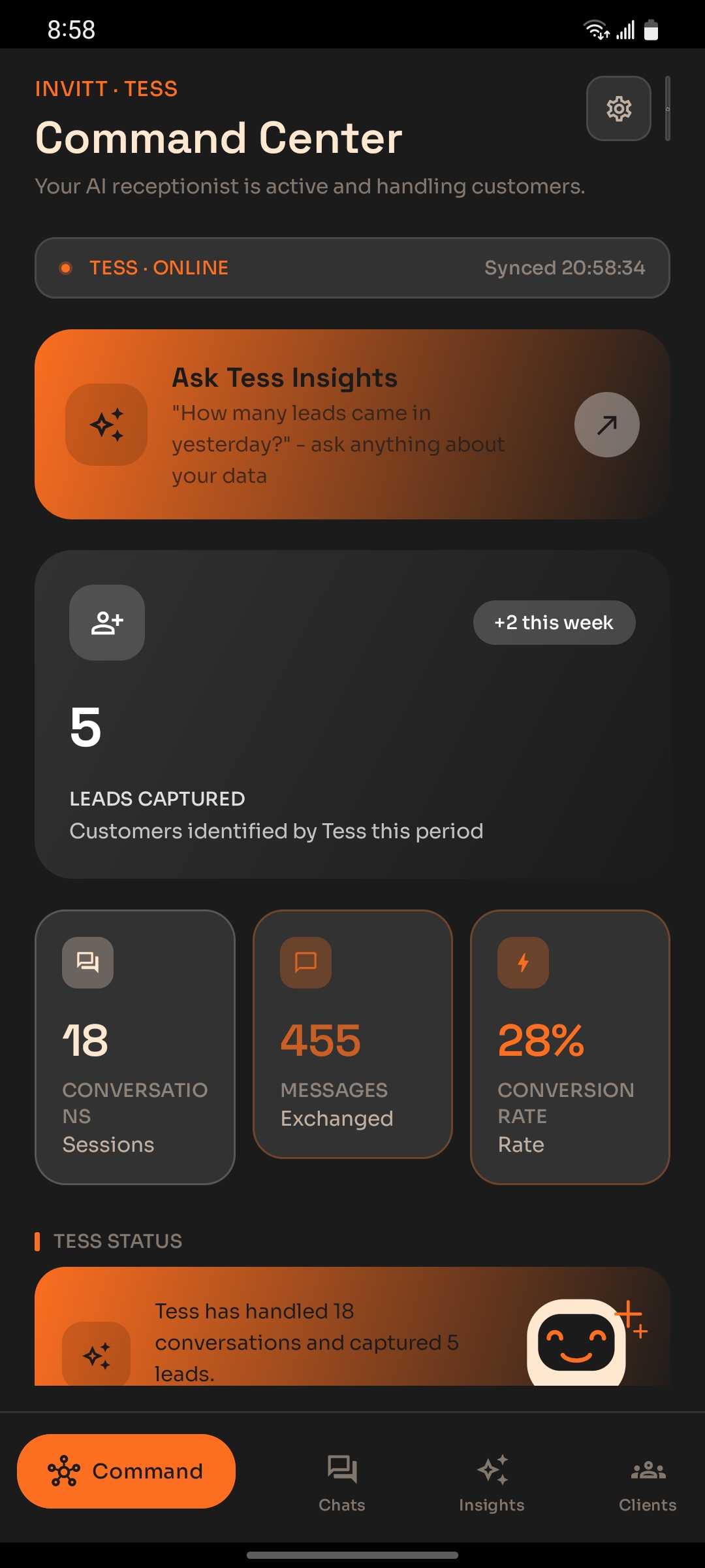 TessAdmin Command Center showing leads, conversations and conversion rate