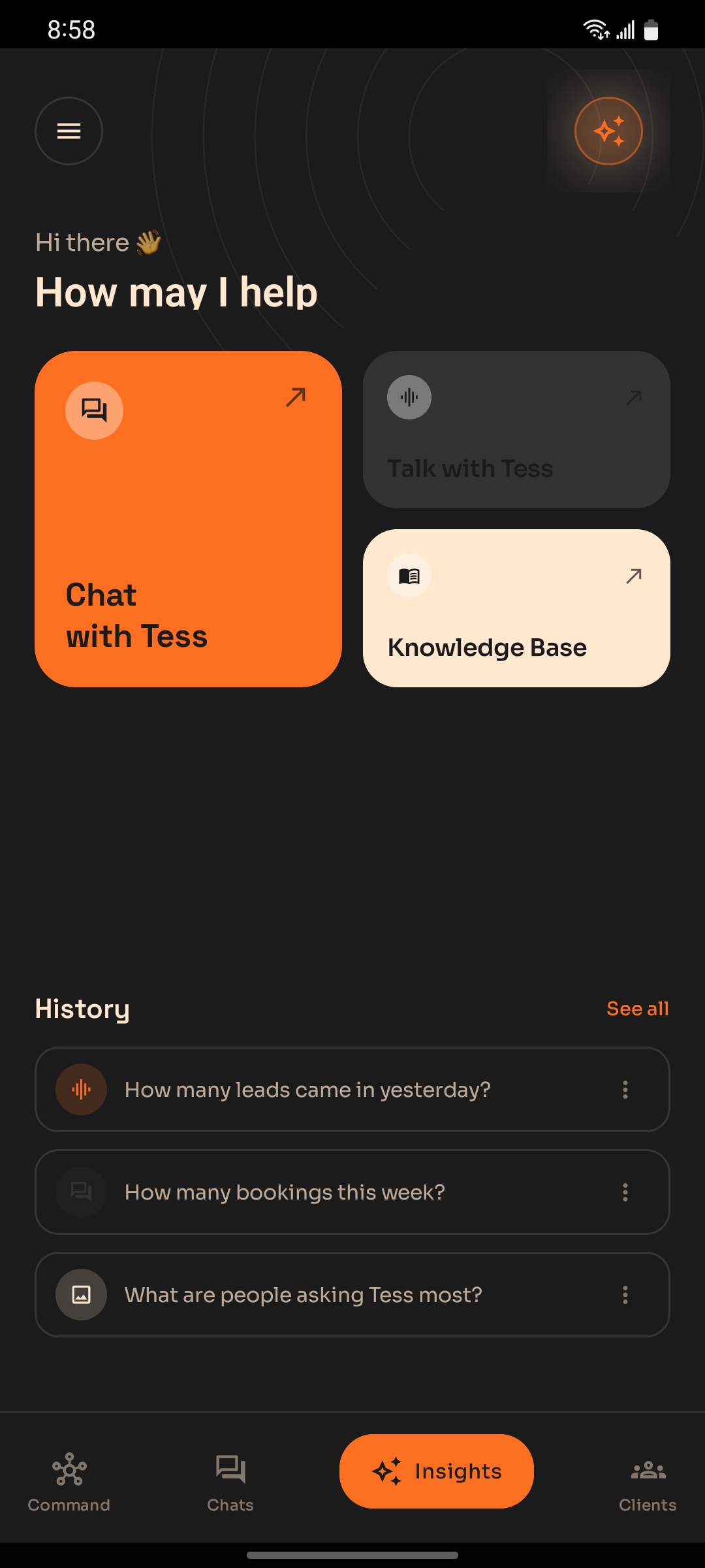 TessAdmin Insights home with Chat with Tess and Knowledge Base